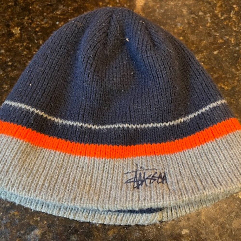 Vintage Stussy embroidered fleece Blue. gray ,orange stripe beanie, one size